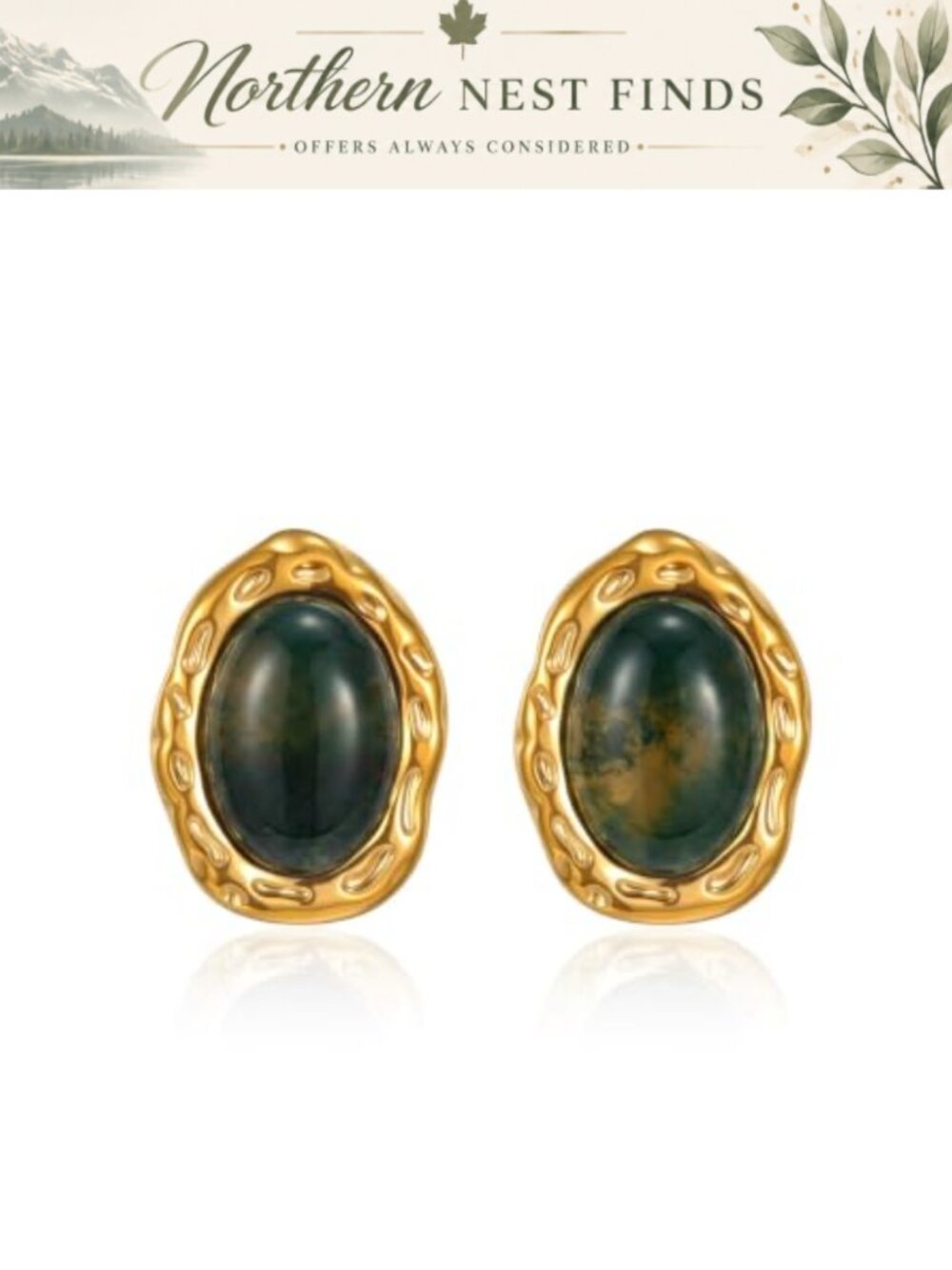 18K Gold Plated Natural Moss Agate Oval Stud Earrings for Women